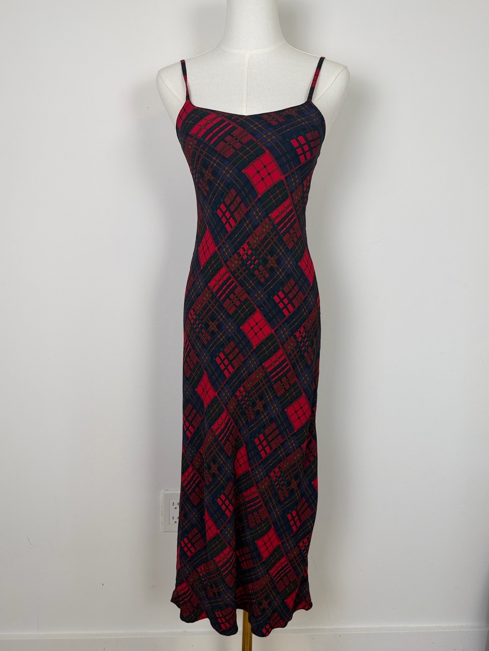 Vintage Betsey Johnson Red & Plaid Spaghetti-Strap Midi Dress